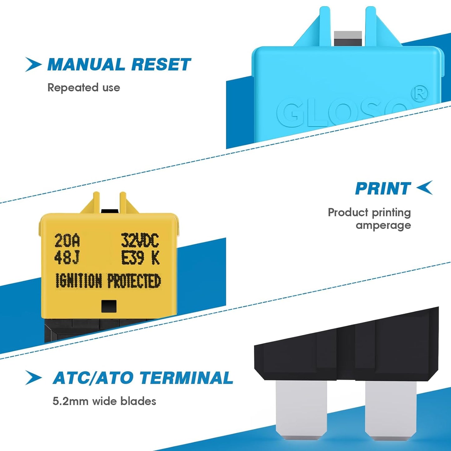GLOSO Circuit Breakers E39 Manual (T3) Reset Low Profile ATC/ATO (25A - 25 Pack)
