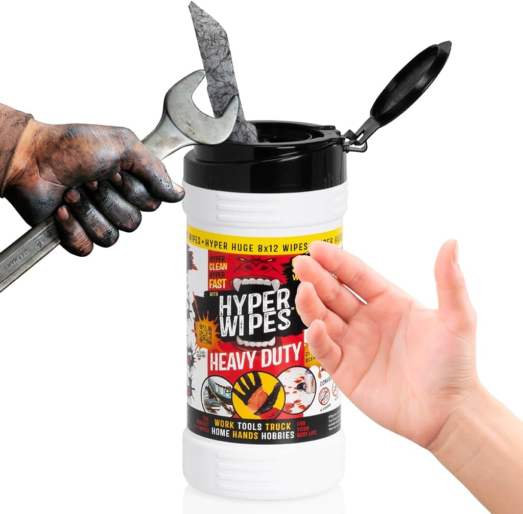 Hyper Wipes, 6 Pack Heavy Duty Hand & Tool Cleaning Wipes, 8"x12" Size Multi-Surface Cleaning Wipes, Degreasing, All Purpose Cleaner, Bathroom, Mechanic, Work Surface Wipes, 540 Count Canister