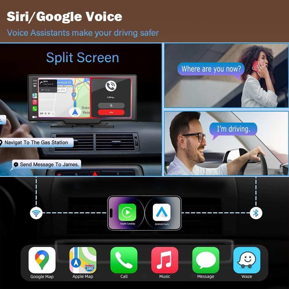 Wireless Carplay Screen for Car 10.26" 4K 360 Rotation Dash Cam Carplay&Android Auto Car Stereo 1080p Backup Camera GPS Navigation/Mirror Link/Voice Control/Siri/FM Satellite Radio Receiver