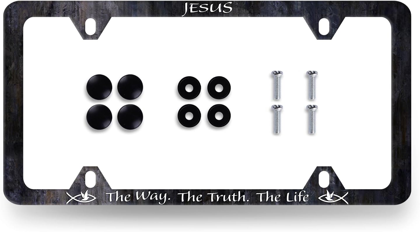 Jesus The Way The Truth The Life License Plate Frame Christian License Plate Holder Stainless Steel Funny Design Compatible with Standard License Plate for USA Canada 12.3" x 6.3"