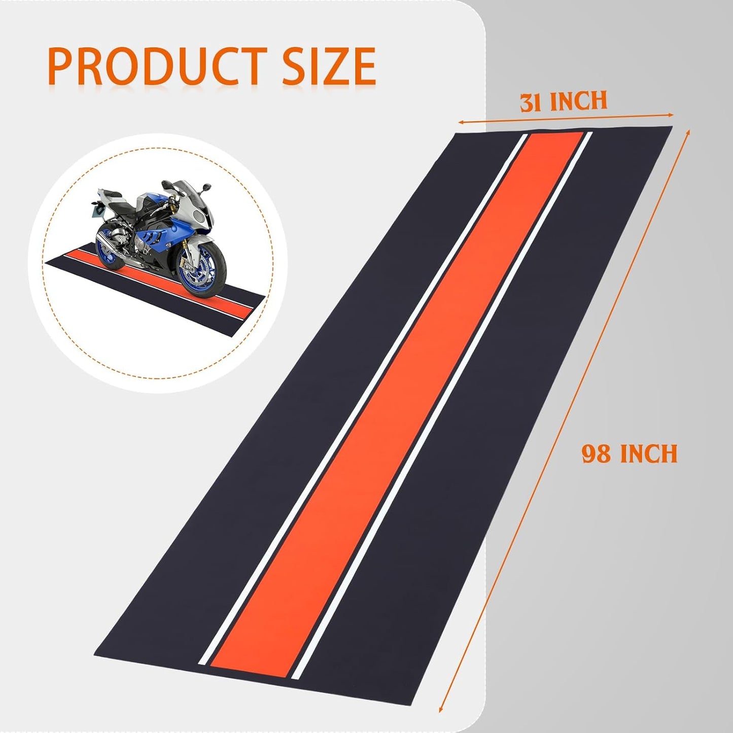 Motorcycle Mat 98 x 31 Inch Garage Floor Rug Washable Parking Mats for Garage Floors Non Slip Oil Absorbent Pad Rubber Backing Layer Protects Floor from Spills Drips Stains(Stripe Style)