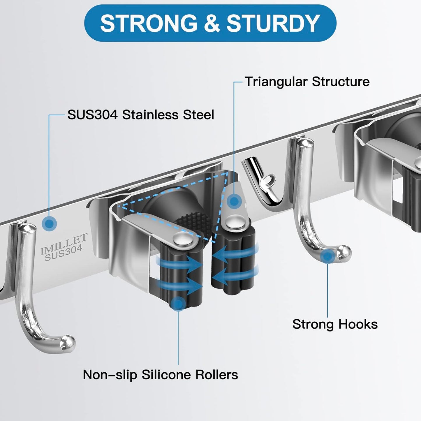 IMILLET Broom Holder Wall Mounted, Stainless Steel Broom Mop Holder Self Adhesive Heavy Duty Hooks Storage Organizer for Home Laundry Room Garden Garage Closet Kitchen 1 Pack（4 Racks with 5 Hooks）