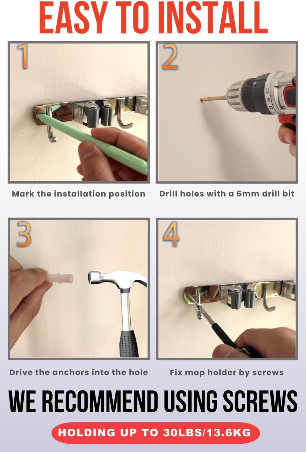 Mop and Broom Holder Wall Mount, Upgraded Broom Hanger Wall Mount, Stainless Steel Broom Organizer for Closet Garage Laundry Room Kitchen Wall Decor(4Racks 5Hooks Black)