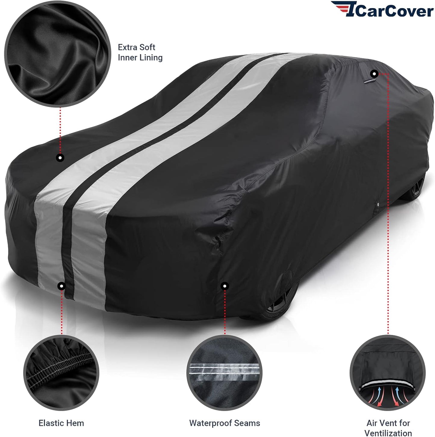 iCarCover Custom Car Cover for 1974-1981 Chevy Camaro Z28, Type LT Waterproof All Weather Rain Snow UV Sun Protector Full Exterior Indoor Outdoor Car Cover (Stripe - Black/Gray)