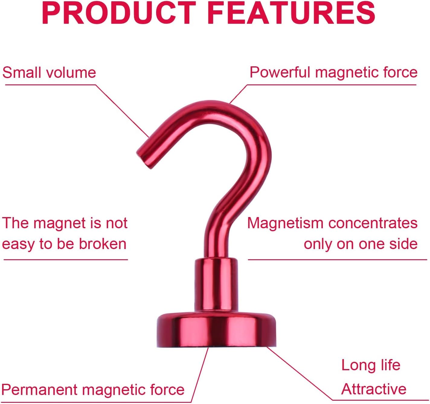 DIYMAG Magnetic Utility Hooks, 30Lbs Heavy Duty Rare Earth Neodymium Magnet Hooks with Nickel Coating for Kitchen, Garage, Cruise, Classroom, Workplace and Office etc, 3 Packs (Red)