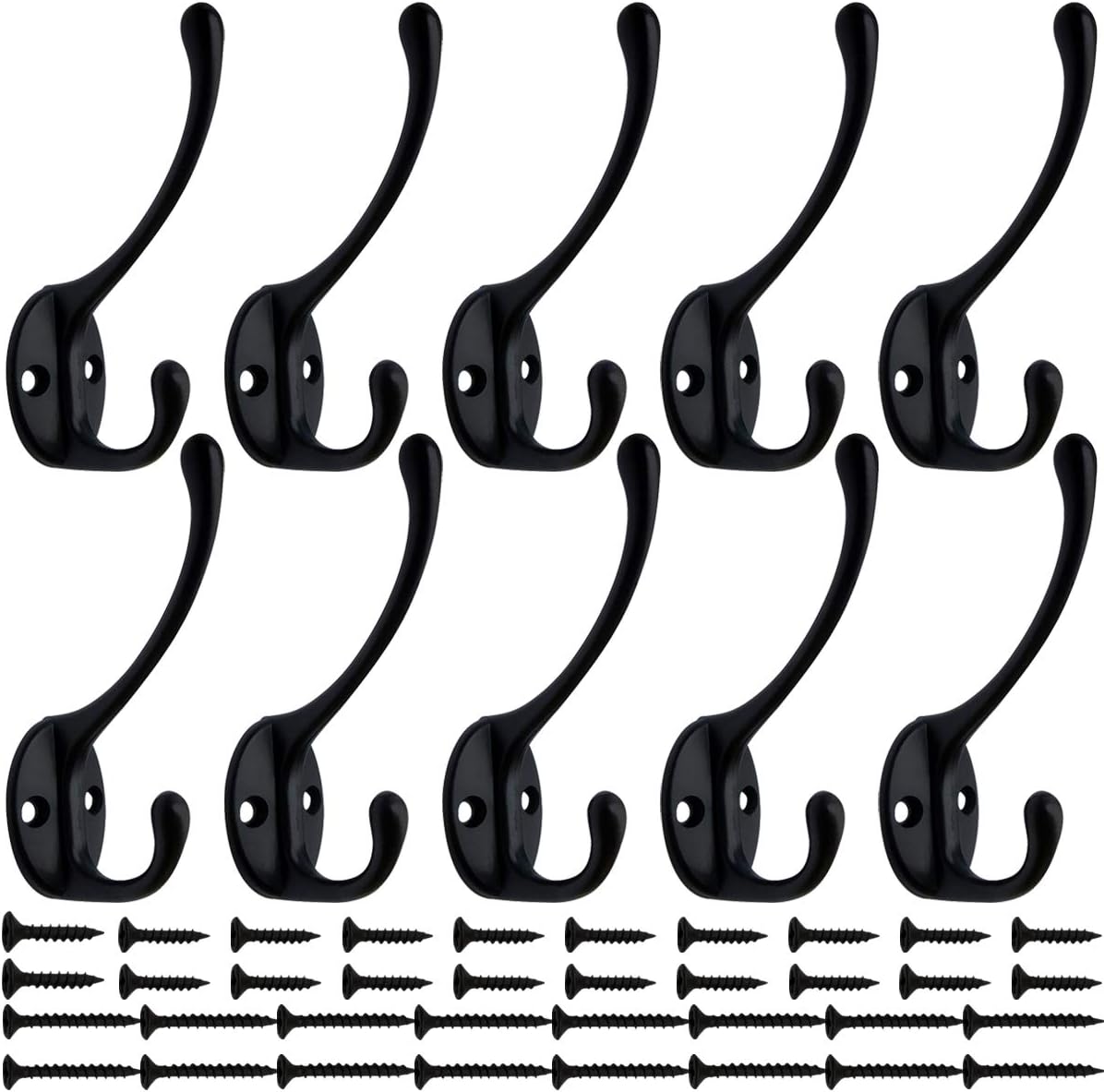 IBosins 10 Pack Heavy Duty Dual Coat Hooks Wall Mounted with 40 Screws Retro Double Hooks Utility Black No Rust Hooks for Coat, Scarf, Bag, Towel, Key, Cap, Cup, Hat (Black)