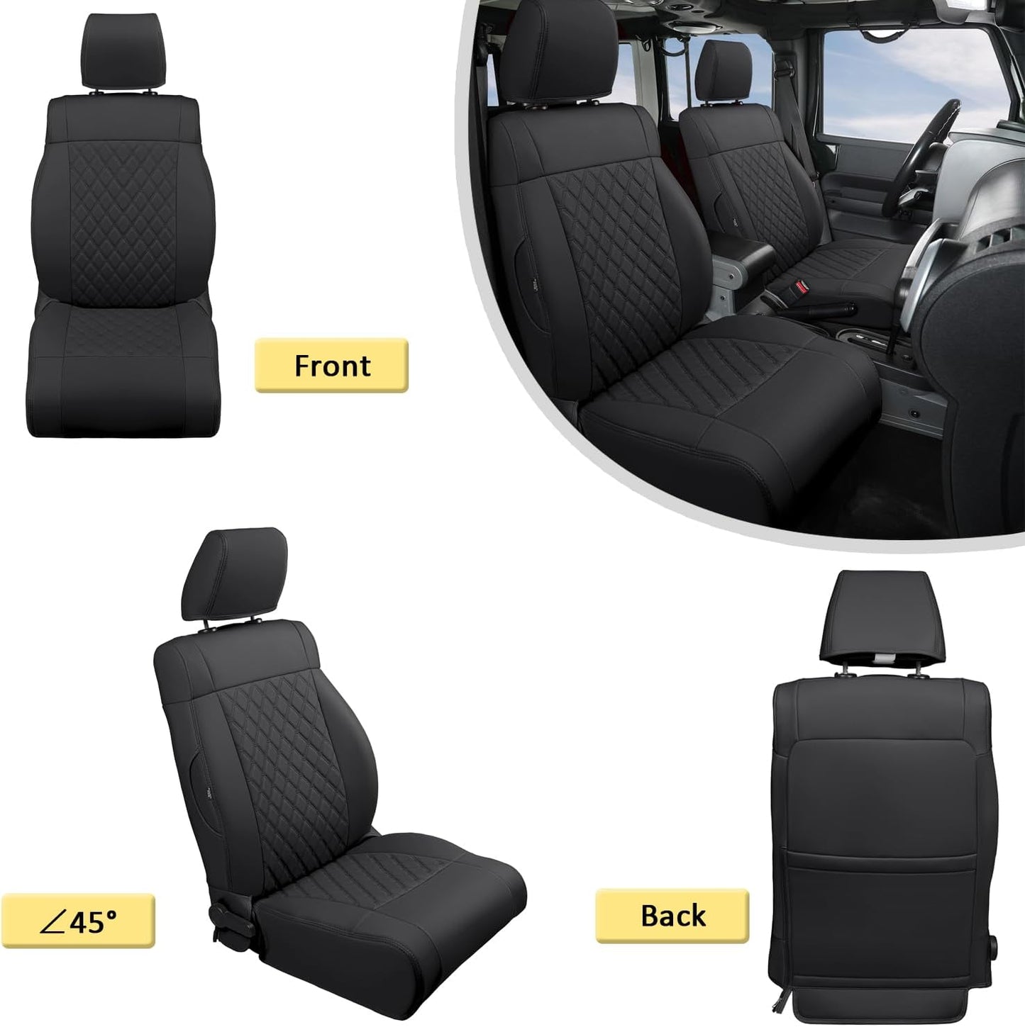 GIANT PANDA Customized Full Set Car Seat Covers for Jeep Wrangler 4 Door JK Unlimited Sahara Sport Rubicon X 2008 2009 2010, Faux Leather - (Black)