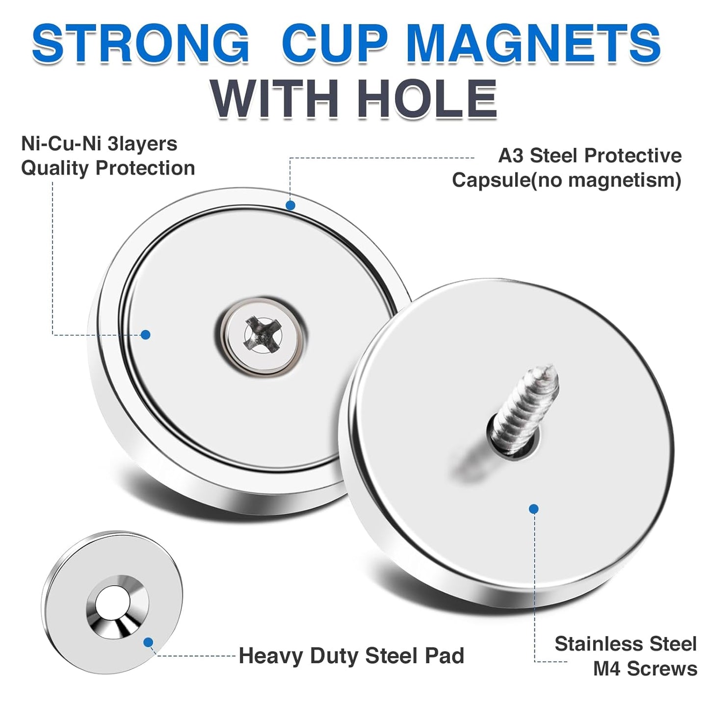 MIKEDE Strong Magnets with Hole, 100lb Heavy Duty Neodymium Magnet with Stainless Screws for Wall Mounting, Rare Earth Magnet Round Base Cup Magnets for Tool Room,Workplace, 1.26"D x 0.24"H, 12 Pack