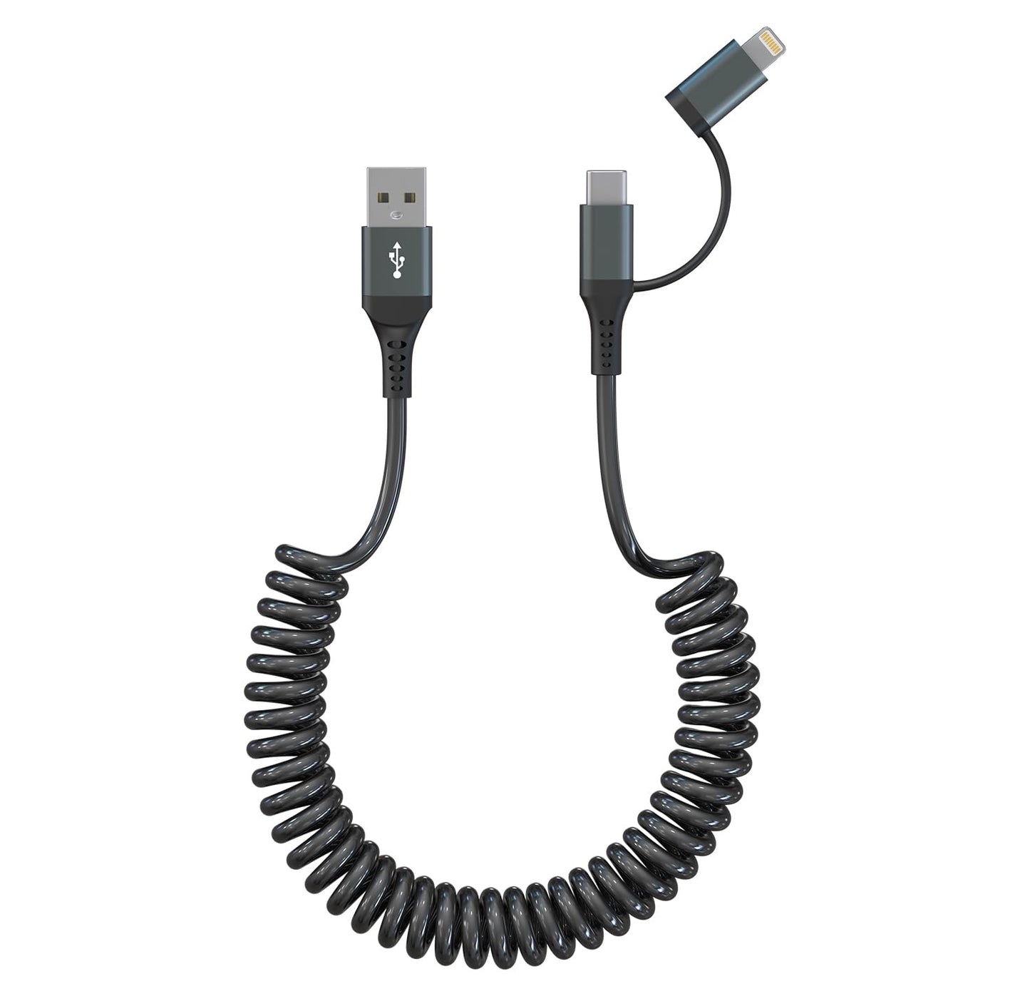 USB to USB C and Lightning Cable Support Apple Carplay & Android Auto - 3A Fast Charge & 480Mbps Data Sync Coiled Lightning Cable USB C iPhone Charger Cord for iPhone 16 15 14 13 12 11 Android