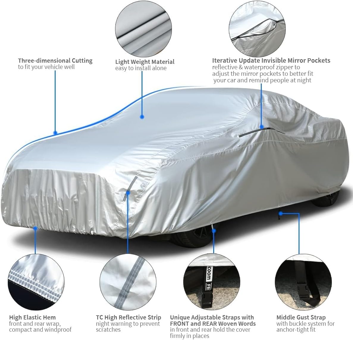 Tecoom Sport Car Cover Waterproof UV-Proof Windproof for All Weather Indoor Outdoor Mirror Pockets Fit 183-193 Inches Length Coupe/Convertible/Sport Car Fit for Ford Mustang, Chevy Camaro etc.