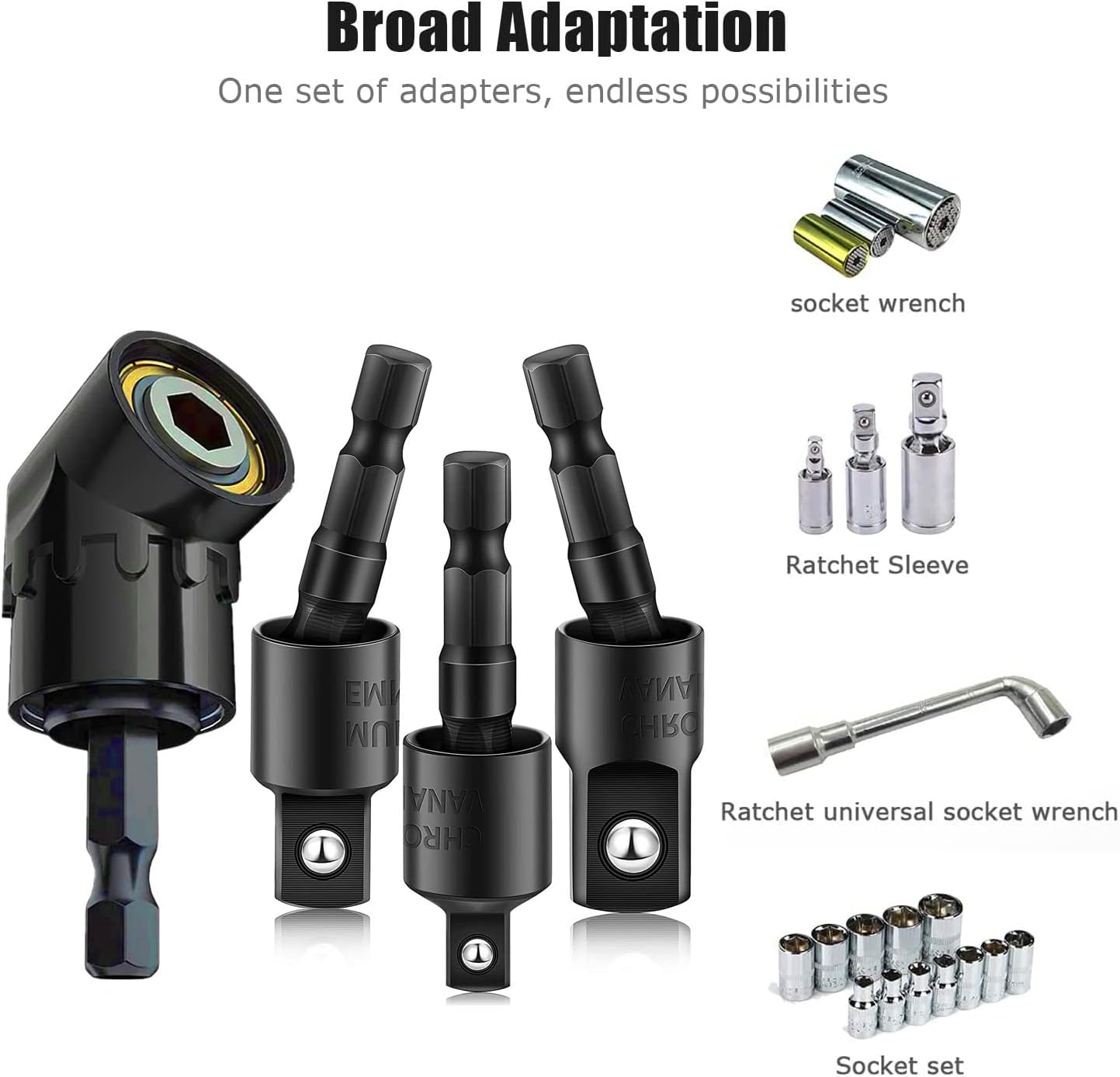 105 Degree Right Angle Drill Adapter Set, 1/4-1/2 Inch Socket Adapters, 4-in-1 Impact Grade Extension Kit with 360° Rotation for Household Workplace Industry