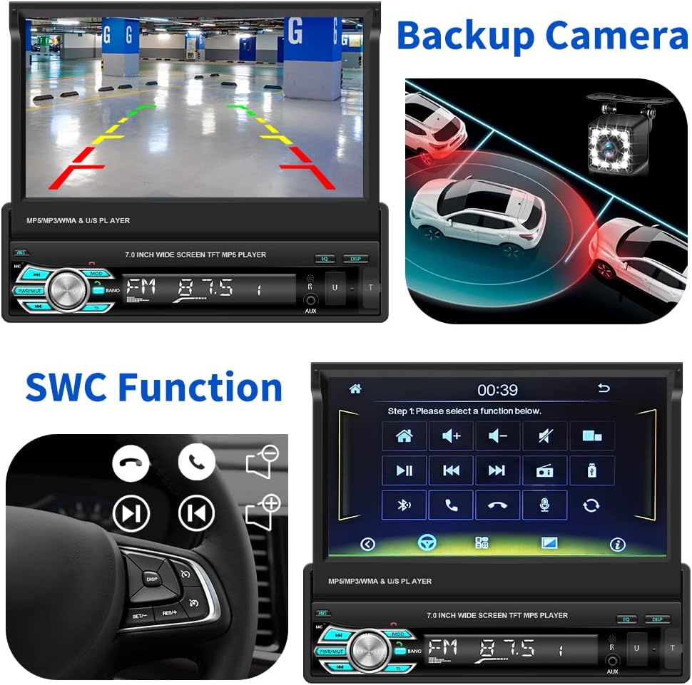 (Stable) Hikity Carplay Single Din Car Stereo, 7 Inch Flip Out Touch Screen Car Radio with Android Auto, Bluetooth, Mirror Link, Backup Camera, FM, USB, SWC, Voice Control Split Screen