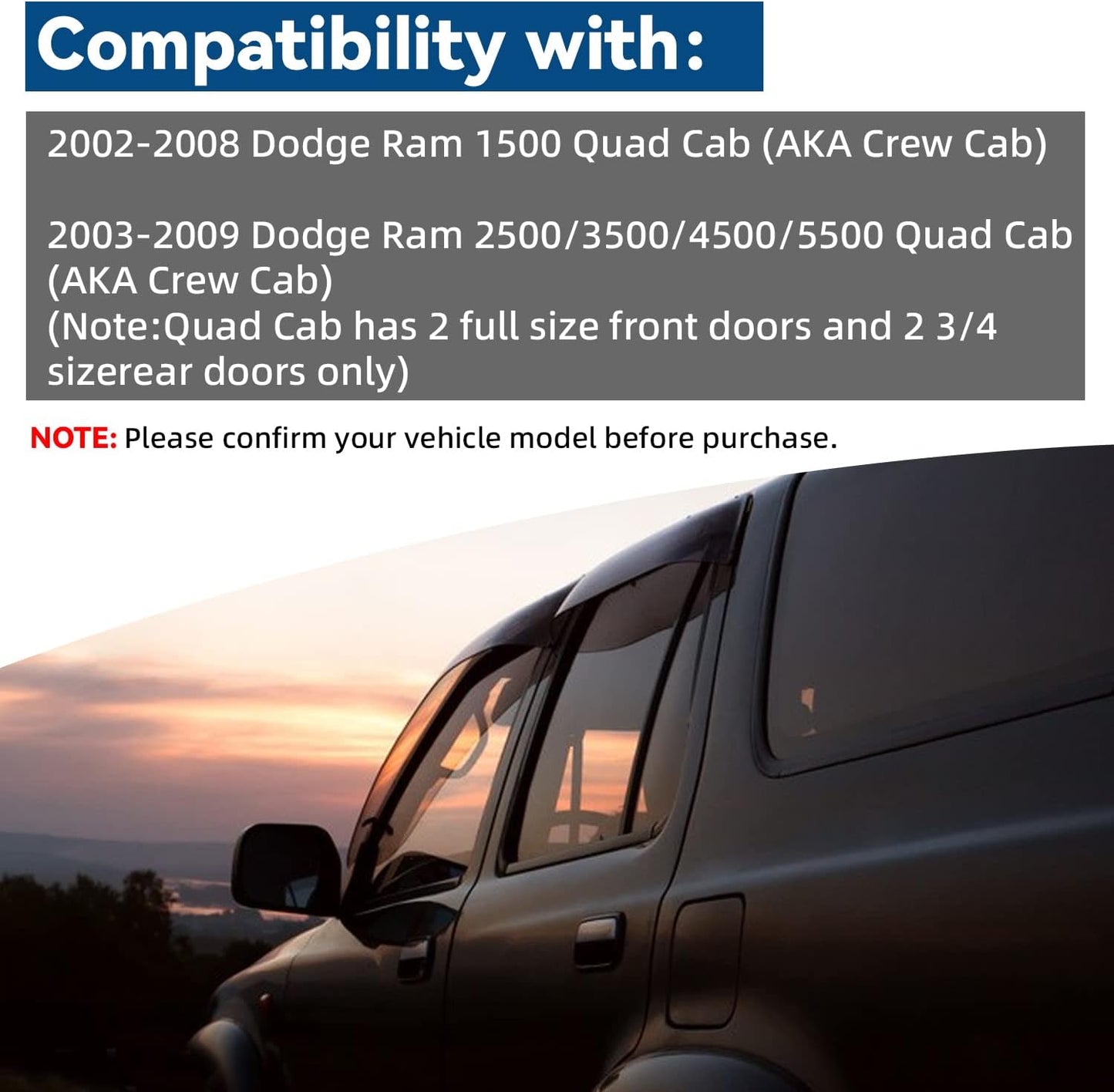 4pcs Front+Rear Smoke Sun/Rain Guard Outside Mount Tape-On Window Visors Compatible with 02-08 Ram 1500 03-09 2500/3500/4500/5500 Quad/Crew Cab