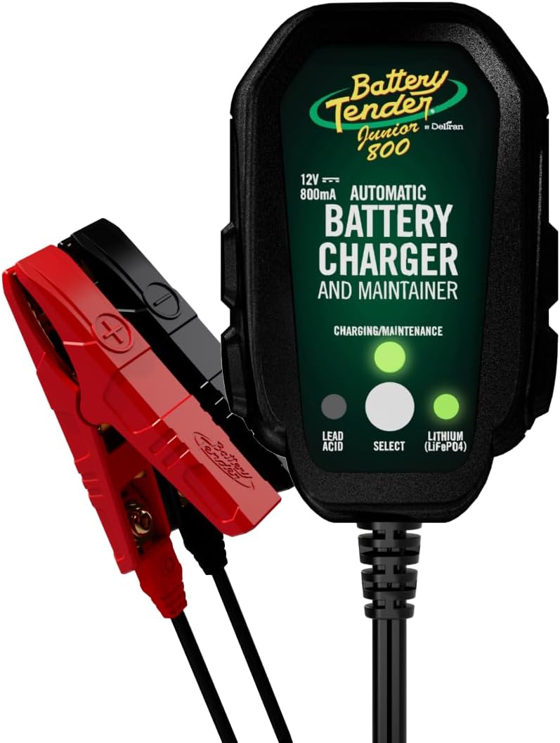 Battery Tender Junior 12V, 800mA Battery Charger and Maintainer for Lead Acid and Lithium Batteries - Switchable Battery Charger for Powersports - 022-0199-DL-WH