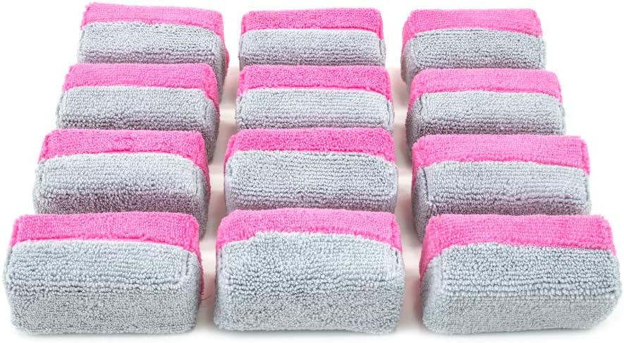 Autofiber [Saver Applicator Terry] Ceramic Coating Applicator Sponge | 12 Pack | with Plastic Barrier to Reduce Product Waste. (Pink/Gray, Mini)