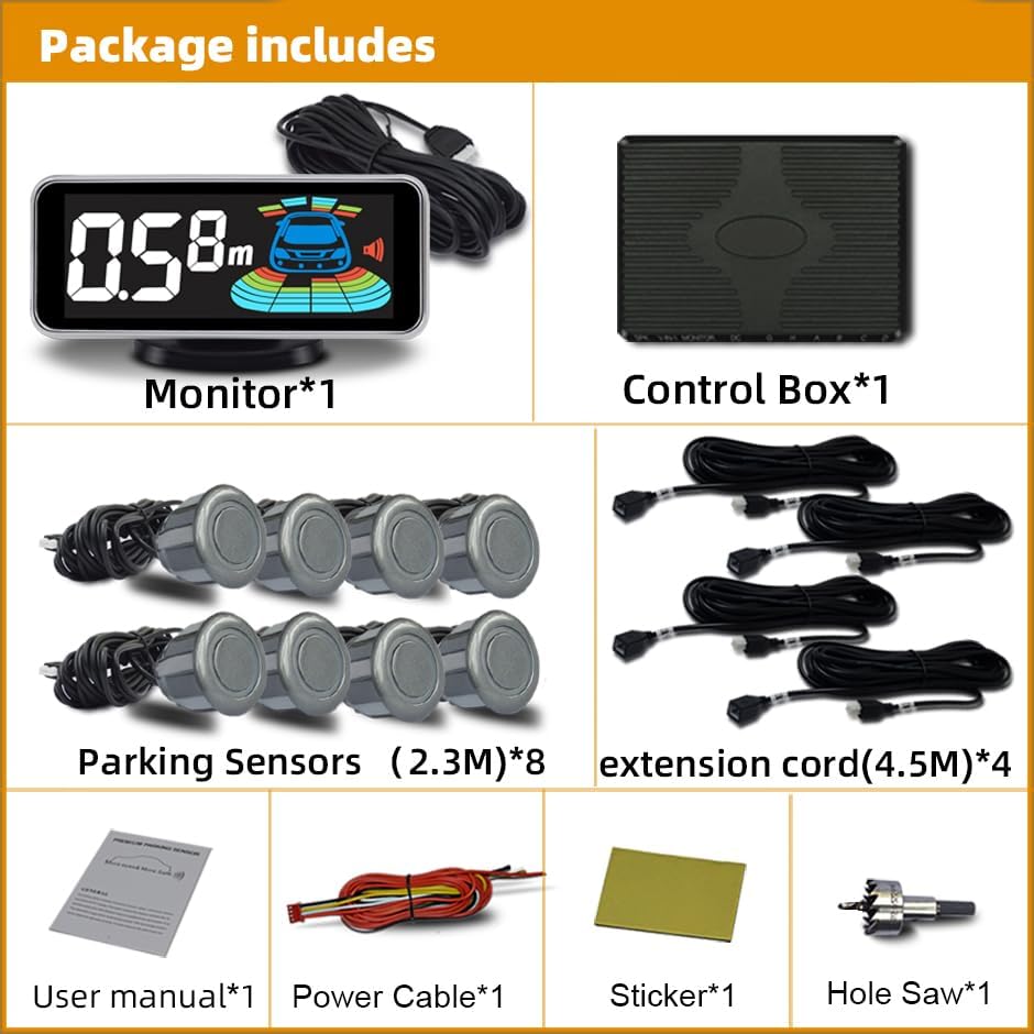 Car Parking Sensors Kit Reverse Radar parktronic System Auto Electronics Vehicle Back Assistant Reverse 8 Sensor (Grey)