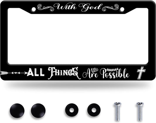 with God All Things are Possible License Plate Frame Christian License Plate Stainless Steel Funny License Plate Holder Men Women Personalize Jesus Cross Car Accessory Decoration 12.3" x 6.3"