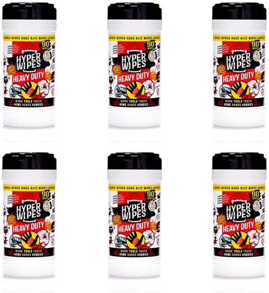 Hyper Wipes, 6 Pack Heavy Duty Hand & Tool Cleaning Wipes, 8"x12" Size Multi-Surface Cleaning Wipes, Degreasing, All Purpose Cleaner, Bathroom, Mechanic, Work Surface Wipes, 540 Count Canister