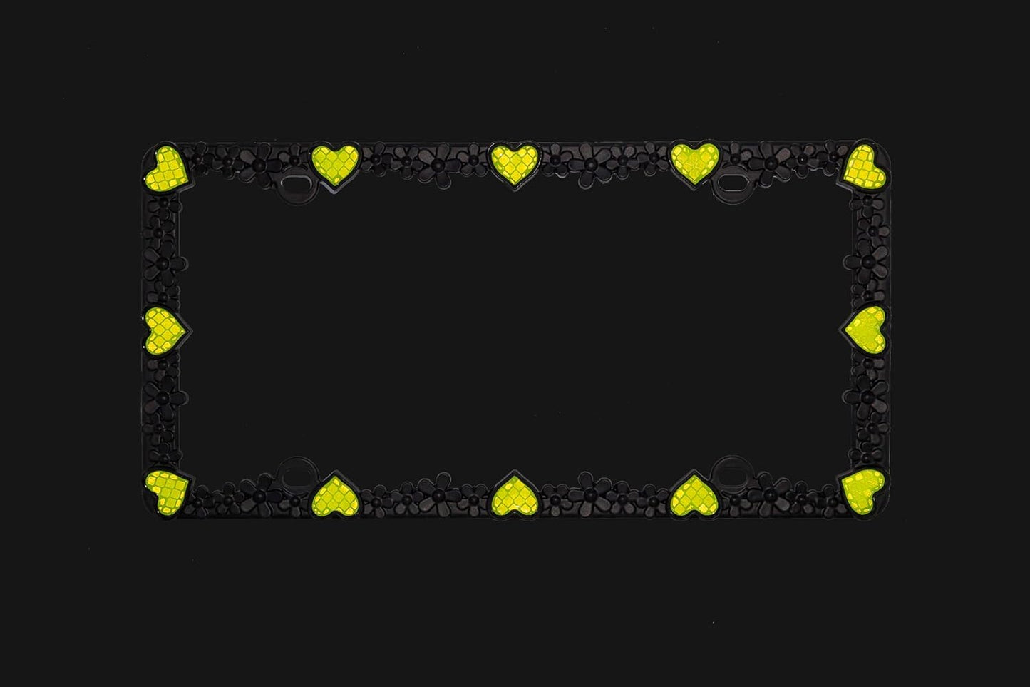 Creathome 3D Daisy Heart License Plate Frame from Pure Zinc Alloy Metal Perfect Plate Holder, Matt Black Daisy with Yellow Reflective Heart