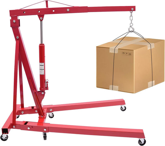 Folding Engine Crane 1 Ton Folding Engine Hoist 2200lbs Hydraulic Crane with 6 Iron Caster Wheels for Garage, Workshop (Red)