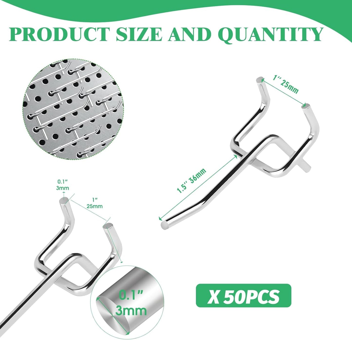 50Pcs 2"/5CM Pegboard Hooks Assortment Set, Metal Peg Board Hooks with 2.5mm Hole Pitch 4mm Wire Diameter Slatwall Hanging Hook for Garage Organization Wall Hanging (Silver)