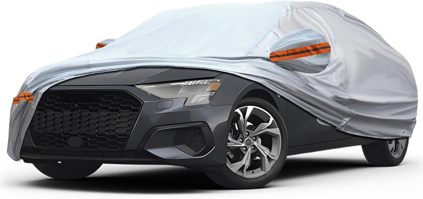 KEYOOG 6-Layer Full Car Cover is All-Weather Waterproof, Fit for 168"-182" Length Sedan, Universal in All Seasons, Snow Prevention, Rainproof, Acid Rainproof, Sunscreen, Orange Reflective Strip
