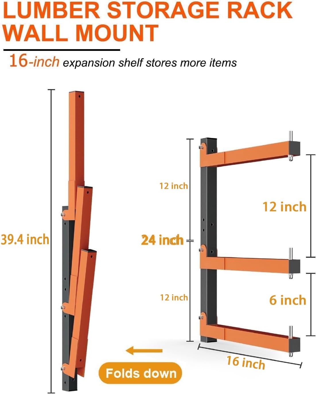 Lumber Storage Rack Wall-Mounted Lumber Racks Heavy Duty Wood Storage Rack with 6-Level Holds Up 720 LBS Sturdy Folding Garage Wood Organizer Orange Shelving Metal Shelf for Indoor & Outdoor- 4 Pack