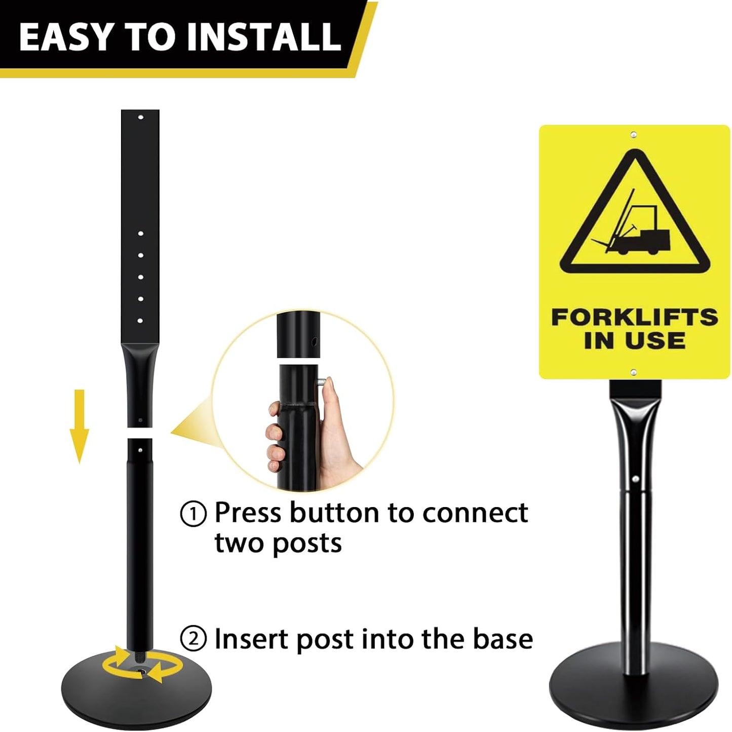 Parking Sign Stand with Base - 15 Lbs Cast Iron Parking Sign Post for Hanging Traffic Construction Street Warning Notice, Movable Black Heavy Duty Base Stand for Outdoor Use, 2 Pack