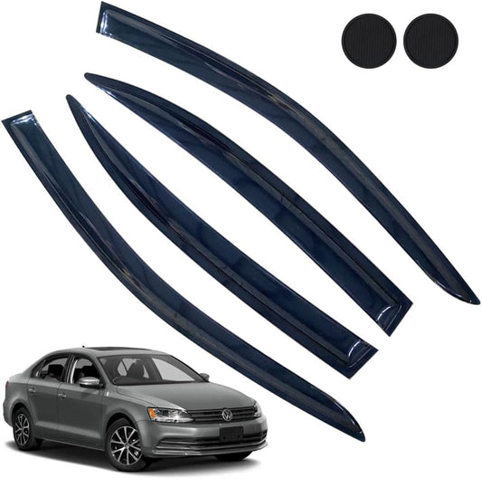 Rain Guards for Volkswagen (VW) Jetta 2011-2018, Tape-on Side Window Deflectors for Volkswagen Jetta, Window Visors for Volkswagen Cars, for Volkswagen Car Accessories 4 Rain Guards ＆ 2 Car Coasters