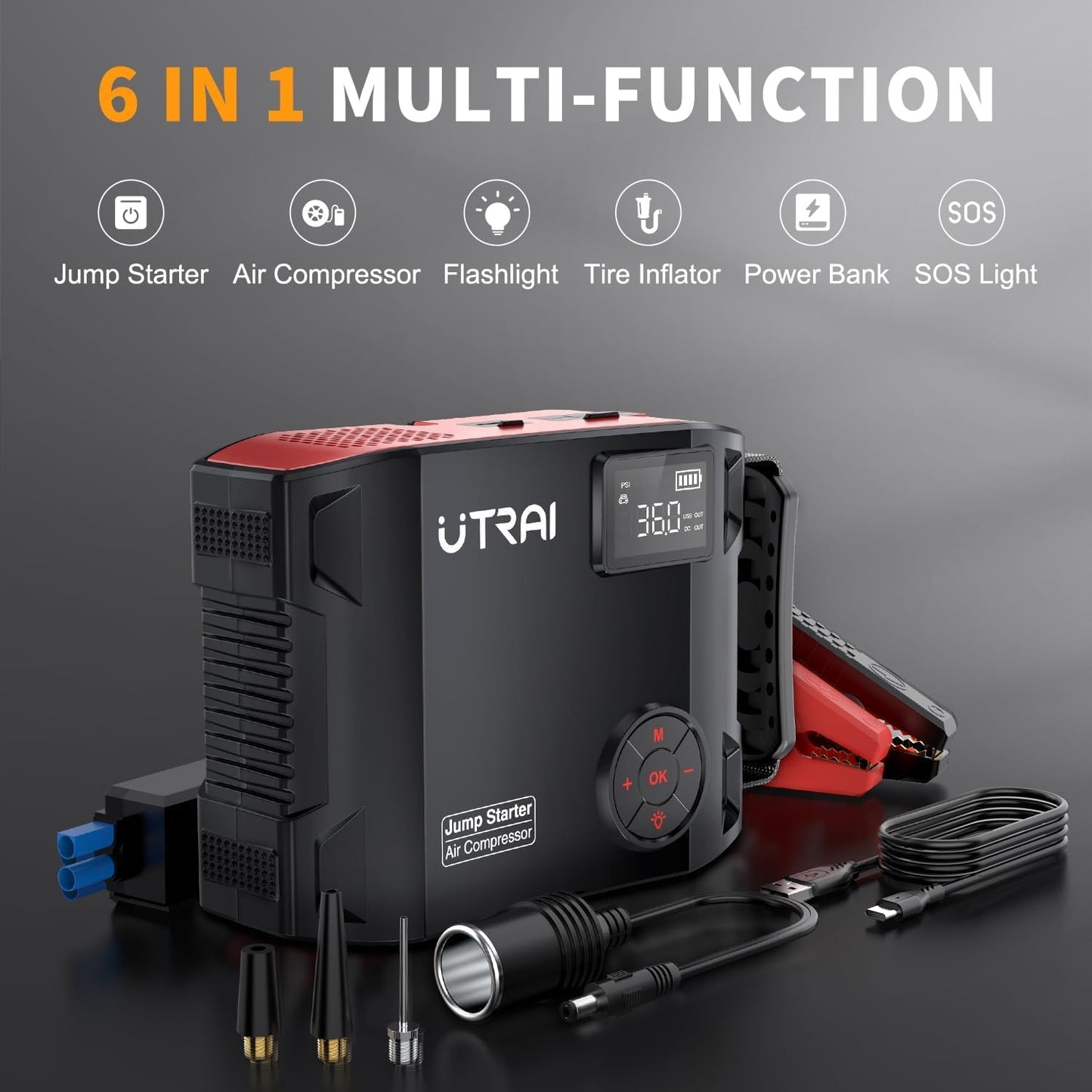 UTRAI Jump Starter with Air Compressor, 6000A 27000mAh Car Starter Jump Box with 150PSI Tire Inflator, Portable Jump Pack (All Gas/10L Diesel), DC160W, QC3.0 Jumper Cables, 1600LM Light