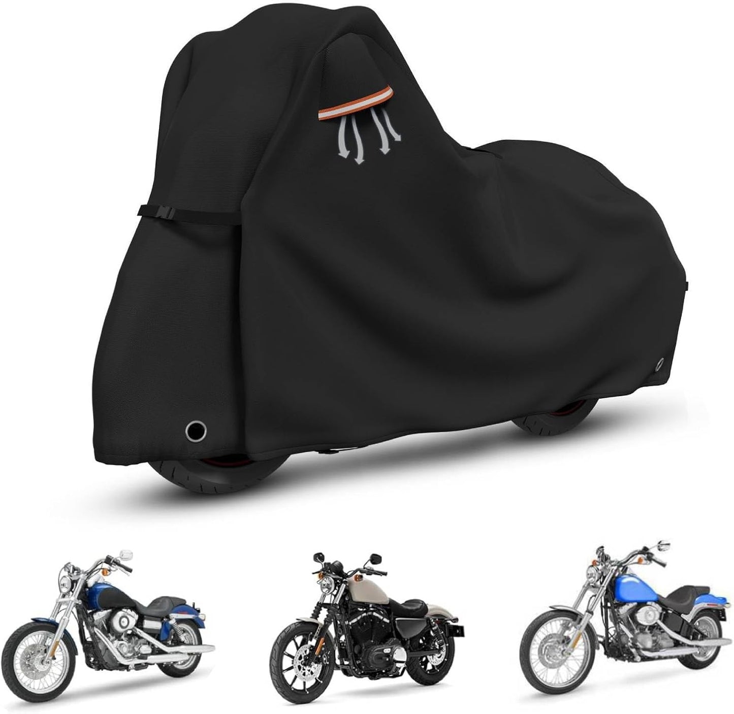 STARTWO Motorcycle Covers Waterproof Outdoor Storage Heavy Duty All Season Universal Vehicle Cover for Harley Davidson Sport, Cruisers, Softail, Adventure Series and Most Motorcycles 96"x43"x55" Black
