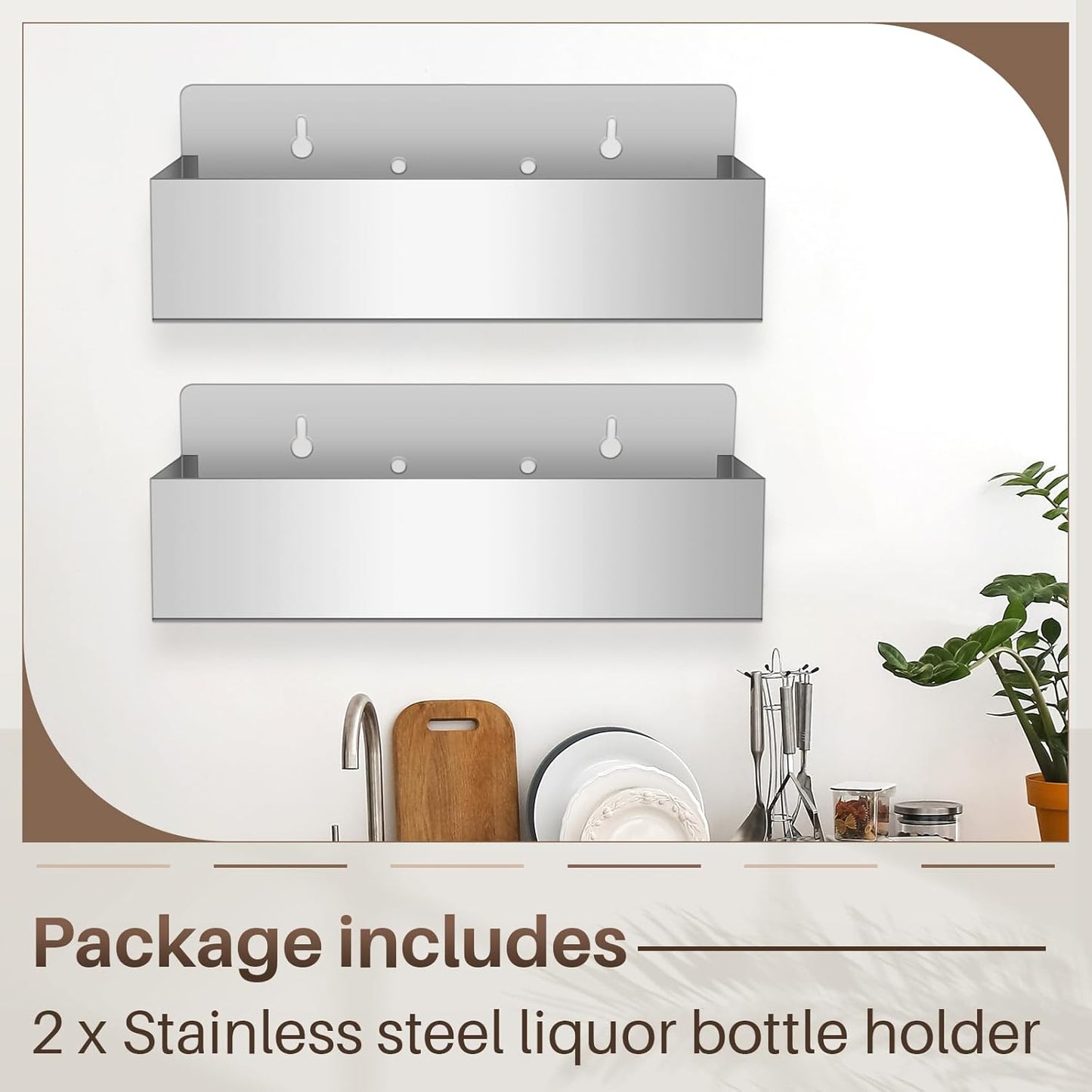 Tanlade 2 Pieces 15 Inch Single Speed Rail Stainless Steel Liquor Bottle Holder Wall Mounted Spray Bottle Rack Drink Rail Shelf for Bars, Silver