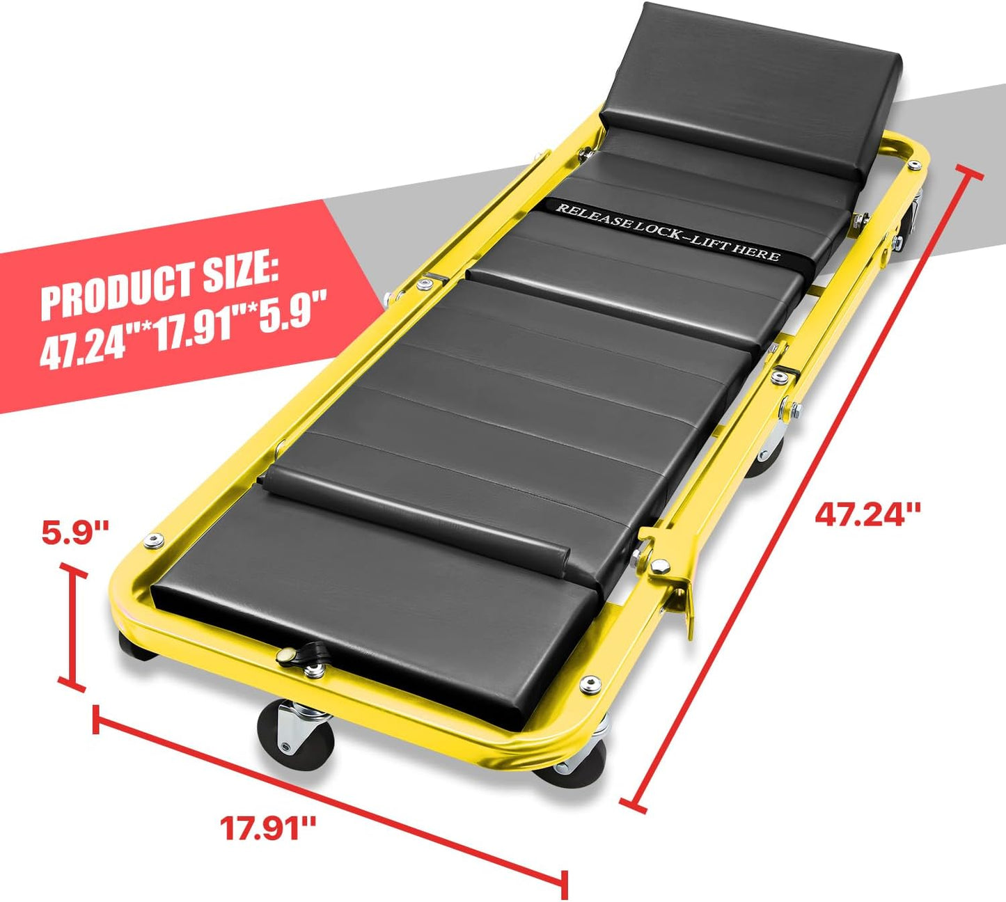 DNA MOTORING 48" 2 IN 1 Folding Rolling Garage Shop Creeper Roller Seat, 7 Pcs 2" Casters, 350 Lbs Weight Capacity, Yellow, TOOLS-00193-YL