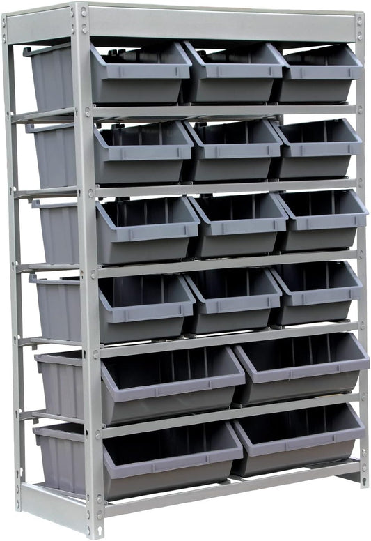 King's Rack Bin Rack Storage System Heavy Duty Steel Rack Organizer Shelving Unit w/ 16 Plastic Bins in 6 tiers