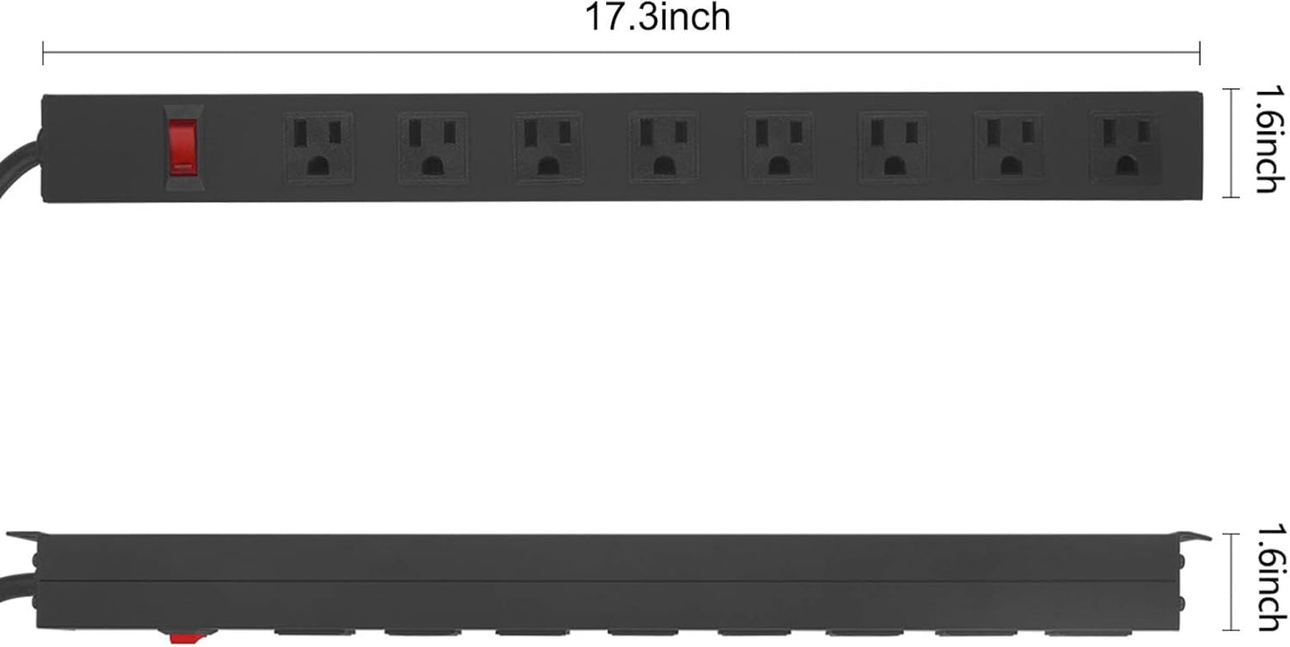 Metal 8 Outlet Mountable Power Strip, Wall Mount Outlet Heavy Duty, Wide Spaced Commercial Shop Power Strip with Switch, 15A 125V 1875W, 15 FT SJT 14AWG Power Cord (15FT)