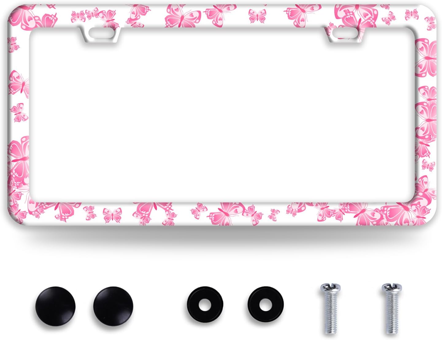 Pink Butterfly License Plate Frame Funny Animal License Plate Frames Stainless Steel Accessories Cars Decor with 2 Holes and Screws Fits Standard Us Ca Vehicles License Plate Holder 12.2 X 6 Inch
