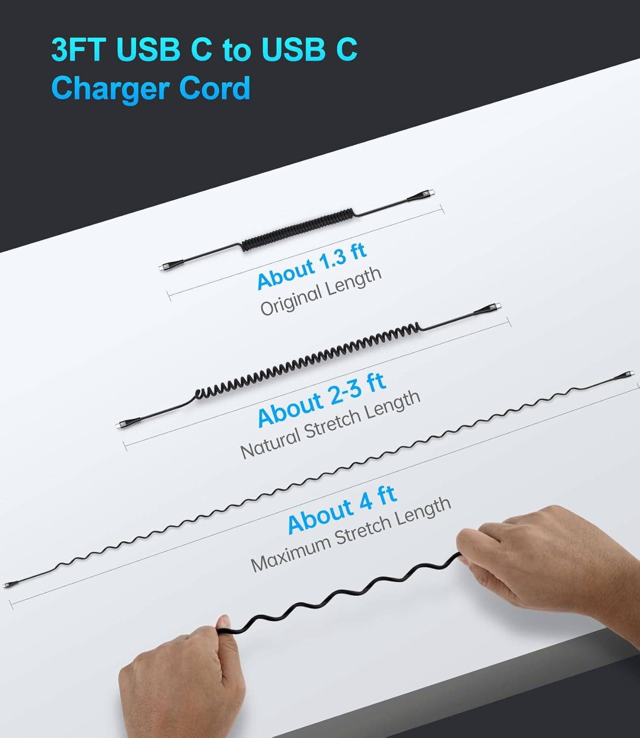 USB C to C Cable 100W 3FT for Car, Coiled USB C Cable Fast Charging for iPhone 16, Short USB Type C Cable for iPhone 15/Pro Max/Plus/Samsung Galaxy S23, Compatible All Type C Devices -Black