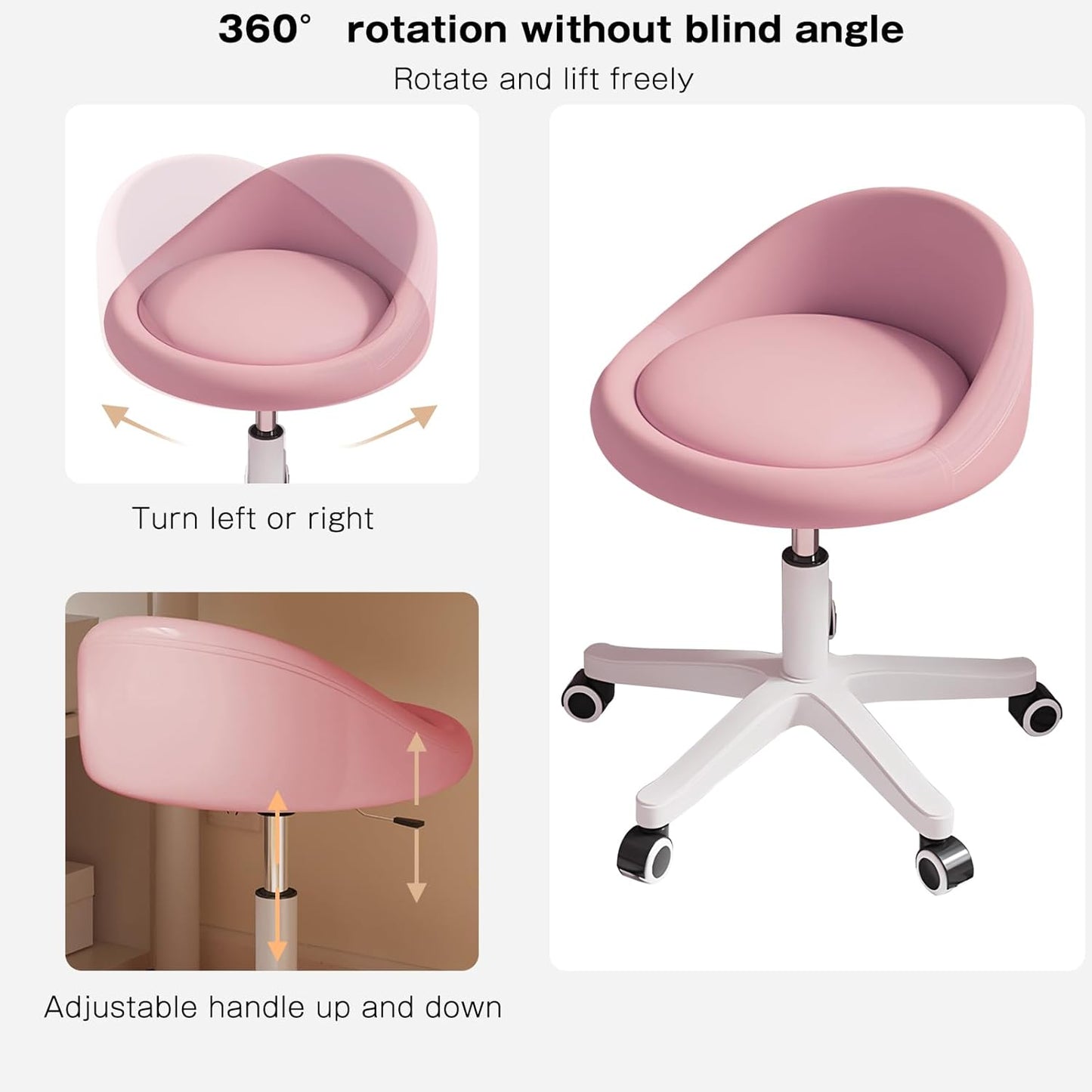 Rolling Stool Set of 3 Rolling Hydraulic Salon Stool with Low Backrest - Adjustable Swivel Chair for SPA, Shop, Salon, Massage, or Medical Office Pink