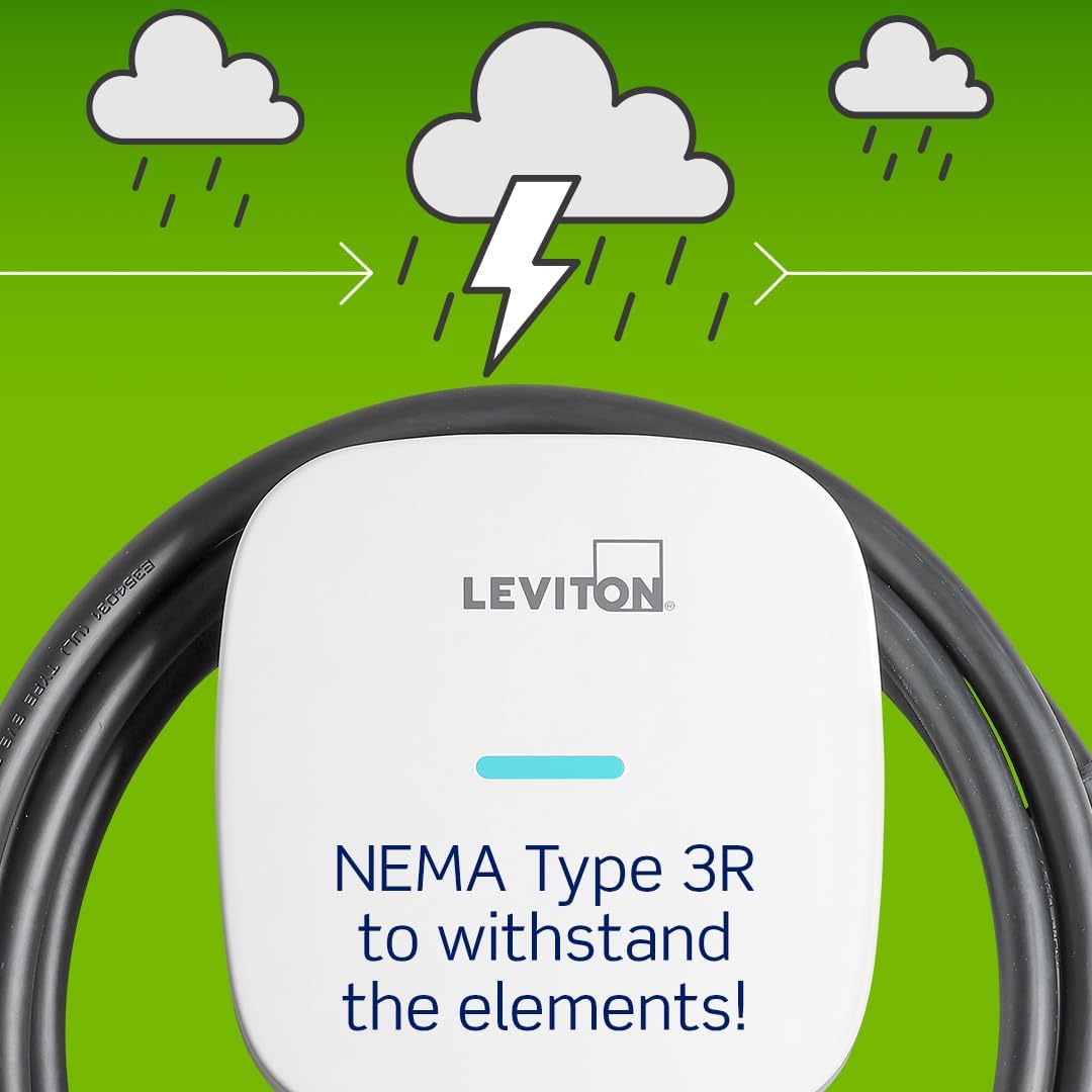 Leviton Level 2 Smart EV Charger with Wi-Fi, 40 Amp, 9.6kW Output, 25' Cable, NEMA 14-50P, Indoor/Outdoor Plug-In EV Charging Station, My Leviton Compatibility, EV40P EVSE