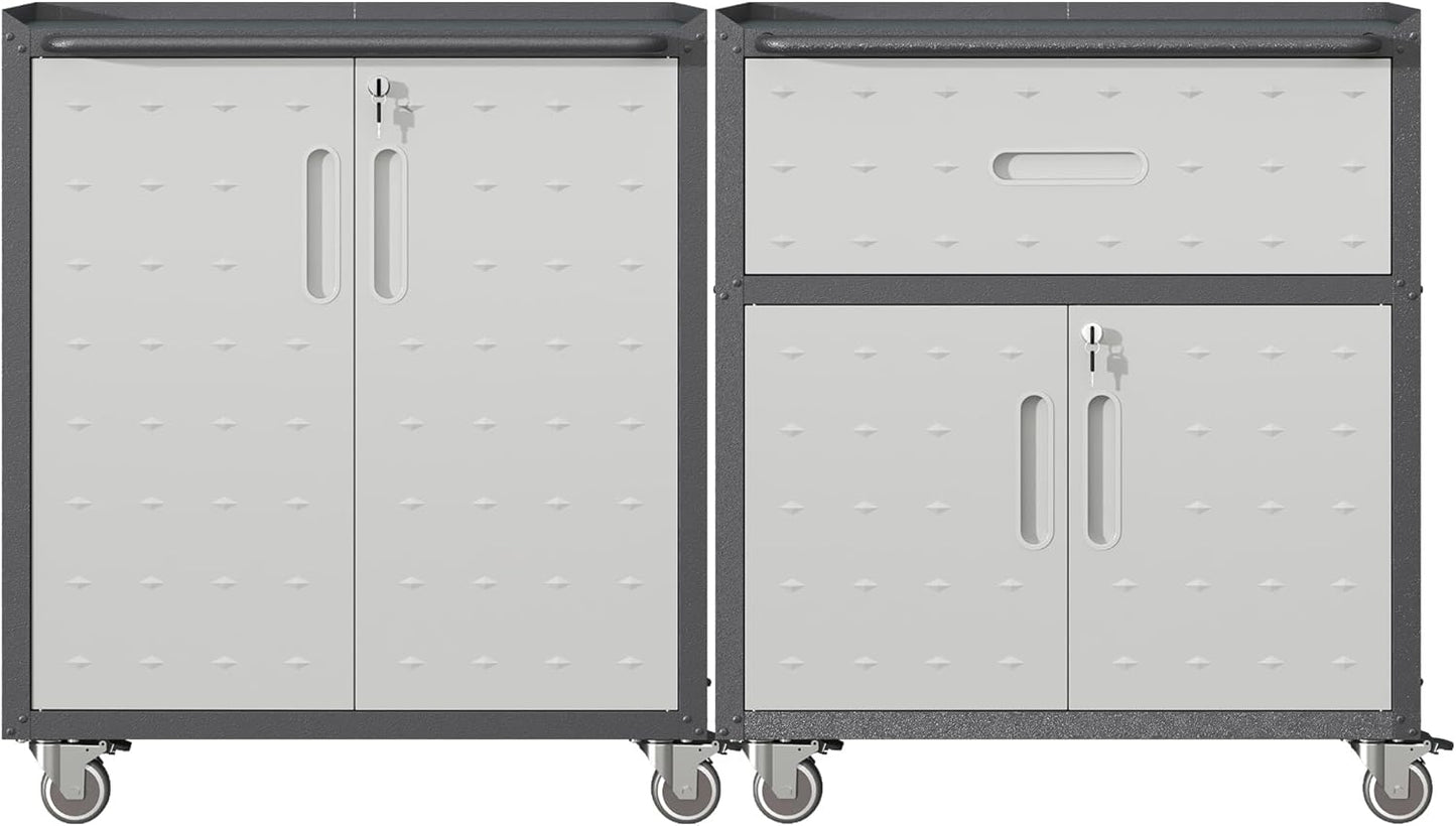 Metal Tool Cabinet,Garage Storage Cabinet System,Wall Cabinet & Locking Rolling Tool Cabinet with Doors and Adjustable Shelves,Steel Tool Cabinets for Home,Office (2 Pcs-StyleB, Black & Grey)