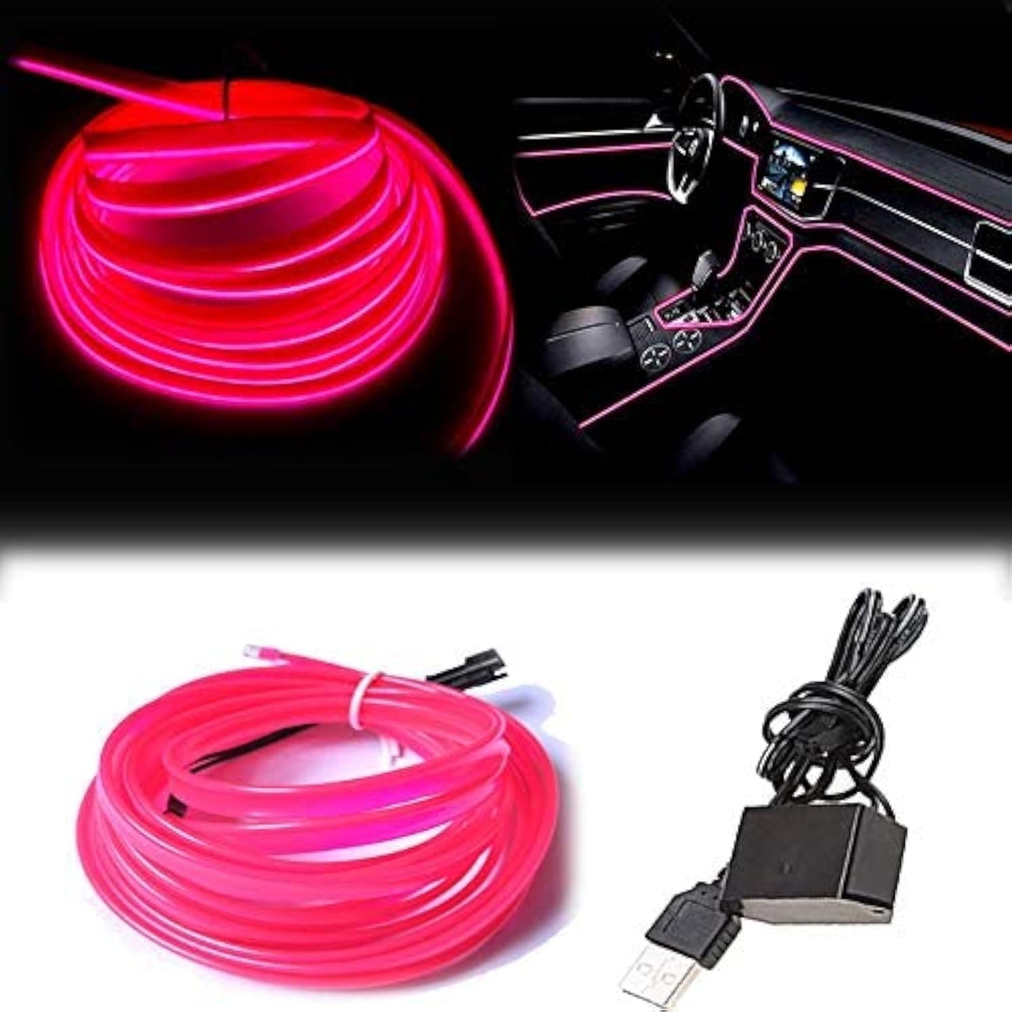 El Wire Pink Interior Car LED Strip Lights, 3M Neon Wire USB 5V with Fuse Protection for Automotive Interior Decoration, with 6mm Sewing Edge