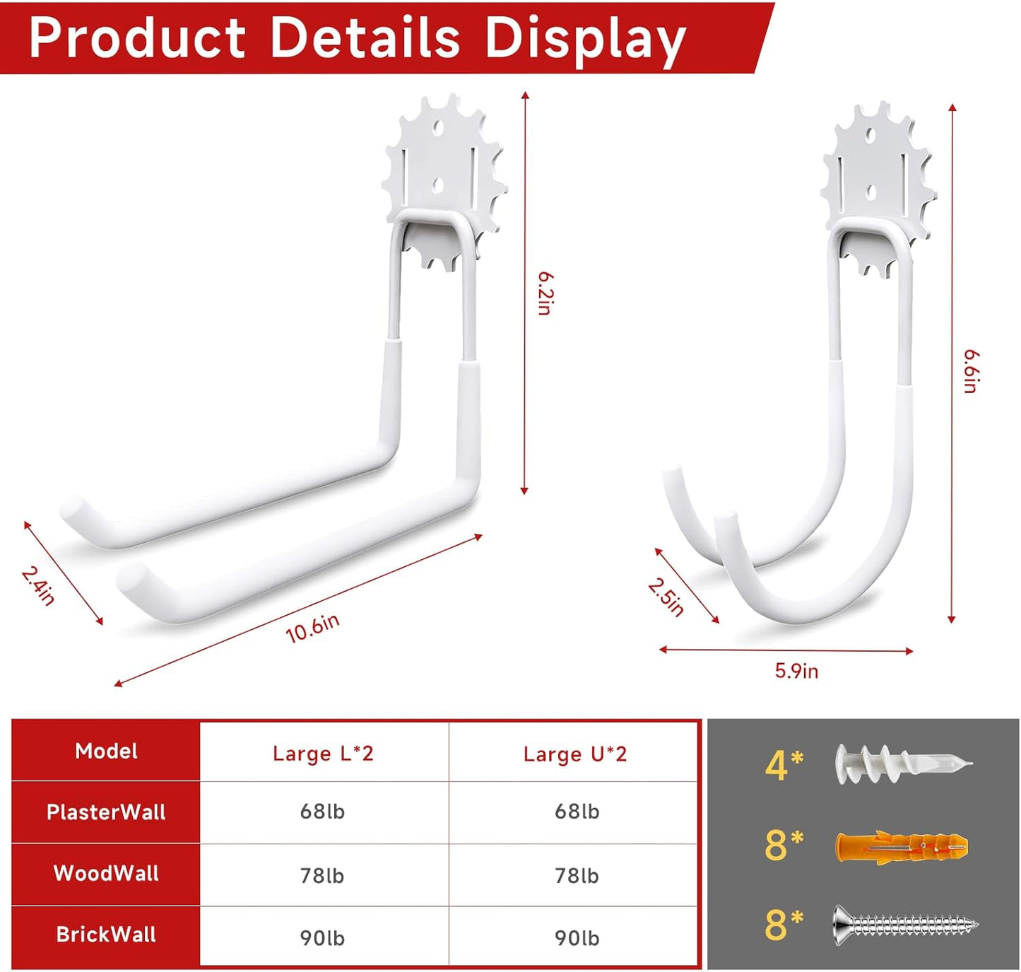 Garage Hooks White 4 Pack,68-110LB Heavy Duty Steel Storage Utility Hooks with PVC Anti-Slip Coating,Wall Mount Hooks for Hanging Garden and Power Tools,Bike,Ladder,Hose