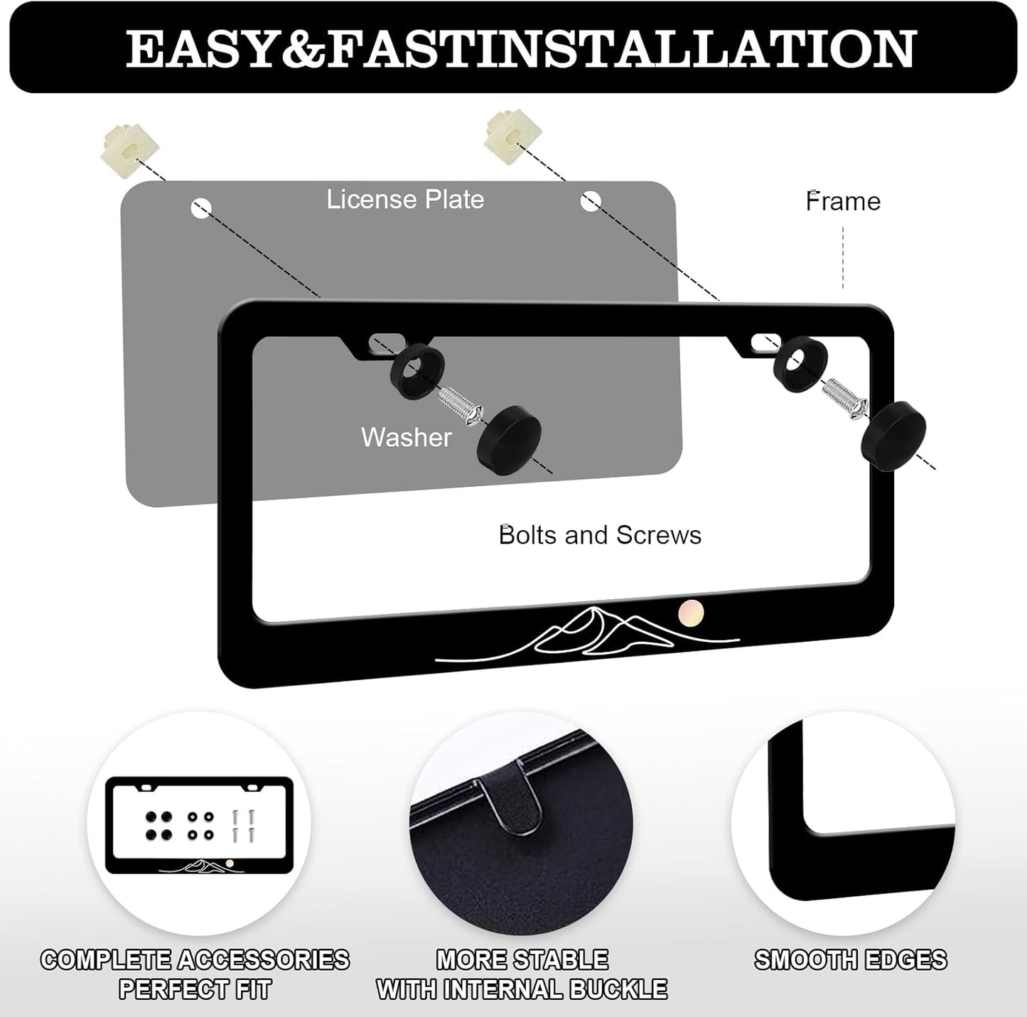 Moon Mountain License Plate Frames - 2 Pack Black Mountain Stainless Steel License Plate Holder,Rust-Proof Waterproof Car Decorative Tag Frame with Screws Fasteners Caps