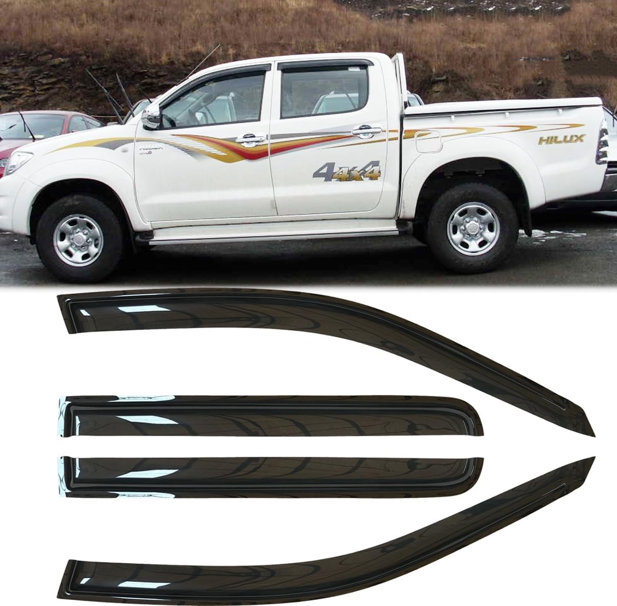 4pcs Outside Mount Style Dark Smoke Window Rain Guards Durable Side Wind Deflectors Vent Window Visors Fit for 2005-2021 Toyota HILUX Crew Cab Pickup