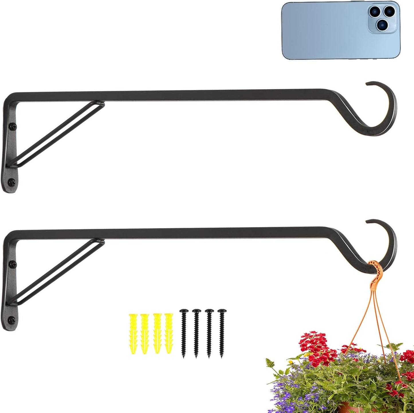 2 Pack Extra Long 19 Inch Heavy-Duty Rust-Resistant Solid Steel Plant Hangers and Bird Feeder Hangers for Indoor and Outdoor Decor, Wall Hooks