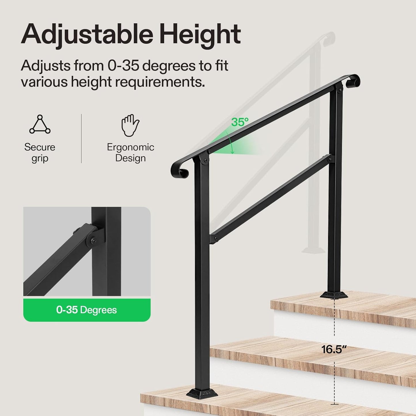 VIVOSUN Outdoor Handrail, 3 Step Stair Handrail, 40" x 36" Fits 1 to 3 Steps, Wrought Mattle Iron Stair Railing with Curved Ends for Concrete Steps, Porch Steps, One-Step Assembly, Black