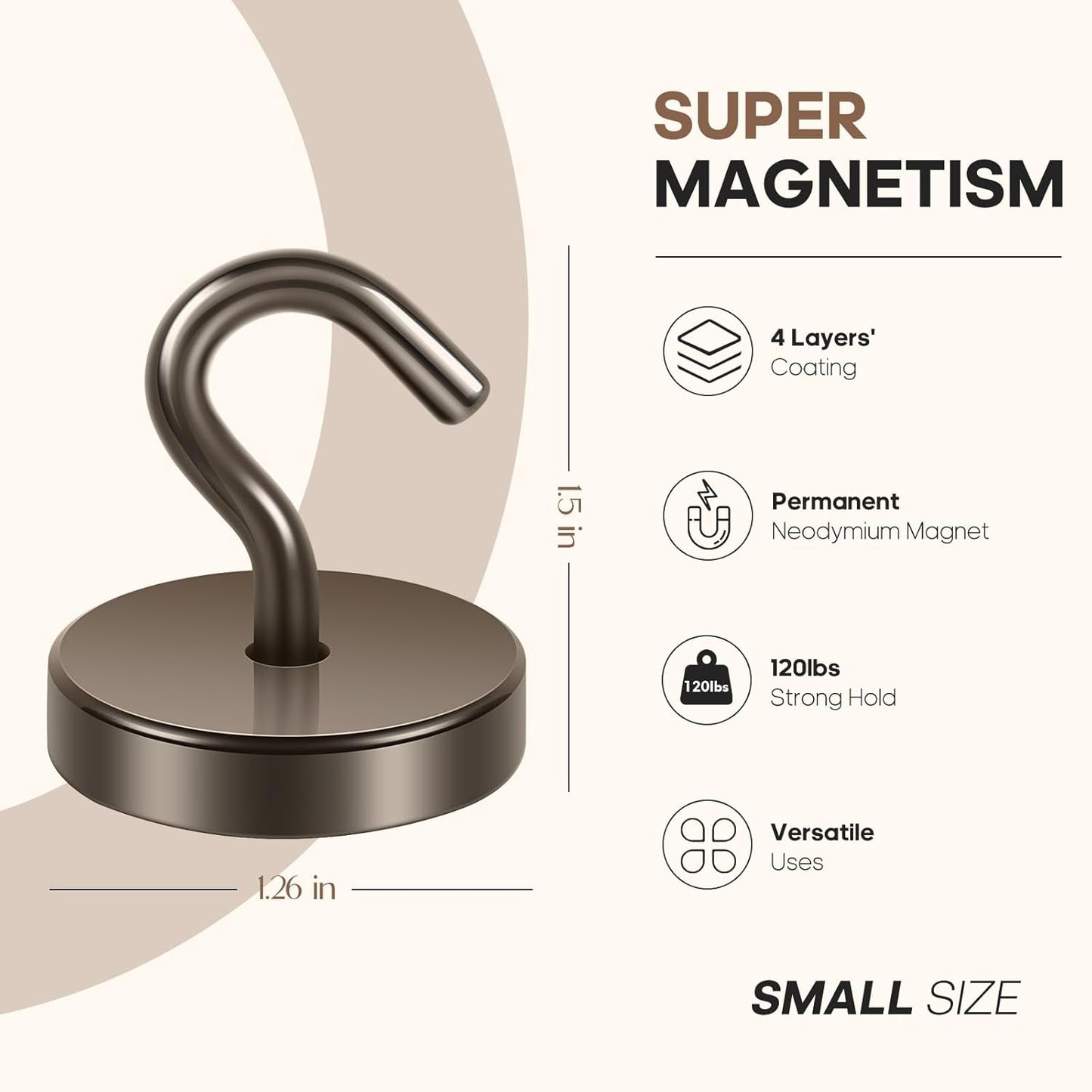 Neosmuk Magnetic Hooks, Cruise Ship Essentials, 120lb+ Heavy Duty Magnetic Hooks for Cruise Cabins, Refrigerator, Grill, Hanging, and Travel | Extra Strong Must-Haves Magnet Hook,Brown, Pack of 10