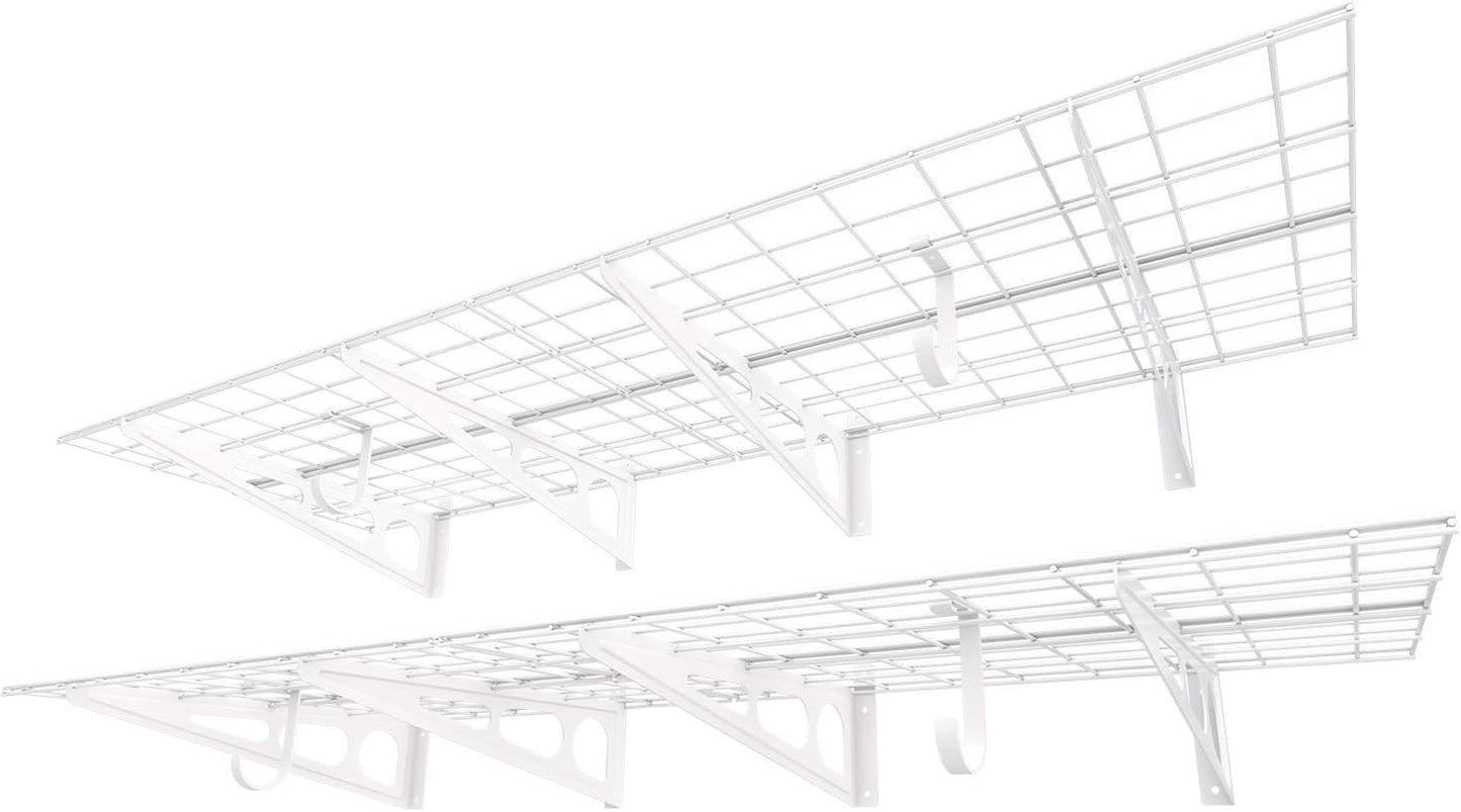 FLEXIMOUNTS 2-Pack 2x6ft Garage Shelving with Hooks 24-inch-by-72-inch Wall Shelf Garage Storage Rack Floating Shelves, White