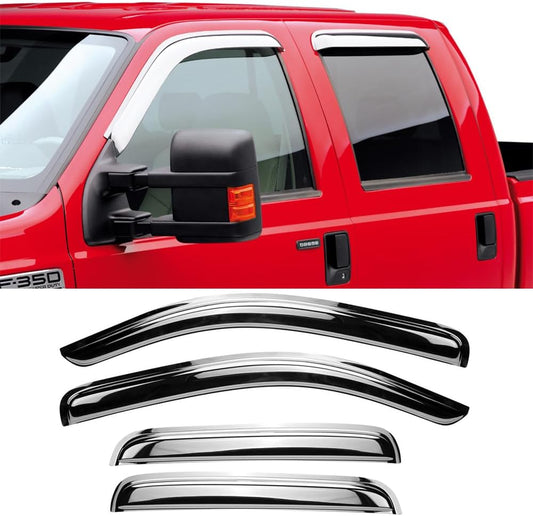 Chrome Side Window Visors Wind Vent Deflector for 1999-2016 Ford F-250/F-350/F-450/F-550 Super Duty SuperCrew Cab,4pcs Outside Mount Tape-On Chrome Nice Sun Rain Guards Set 94953Y