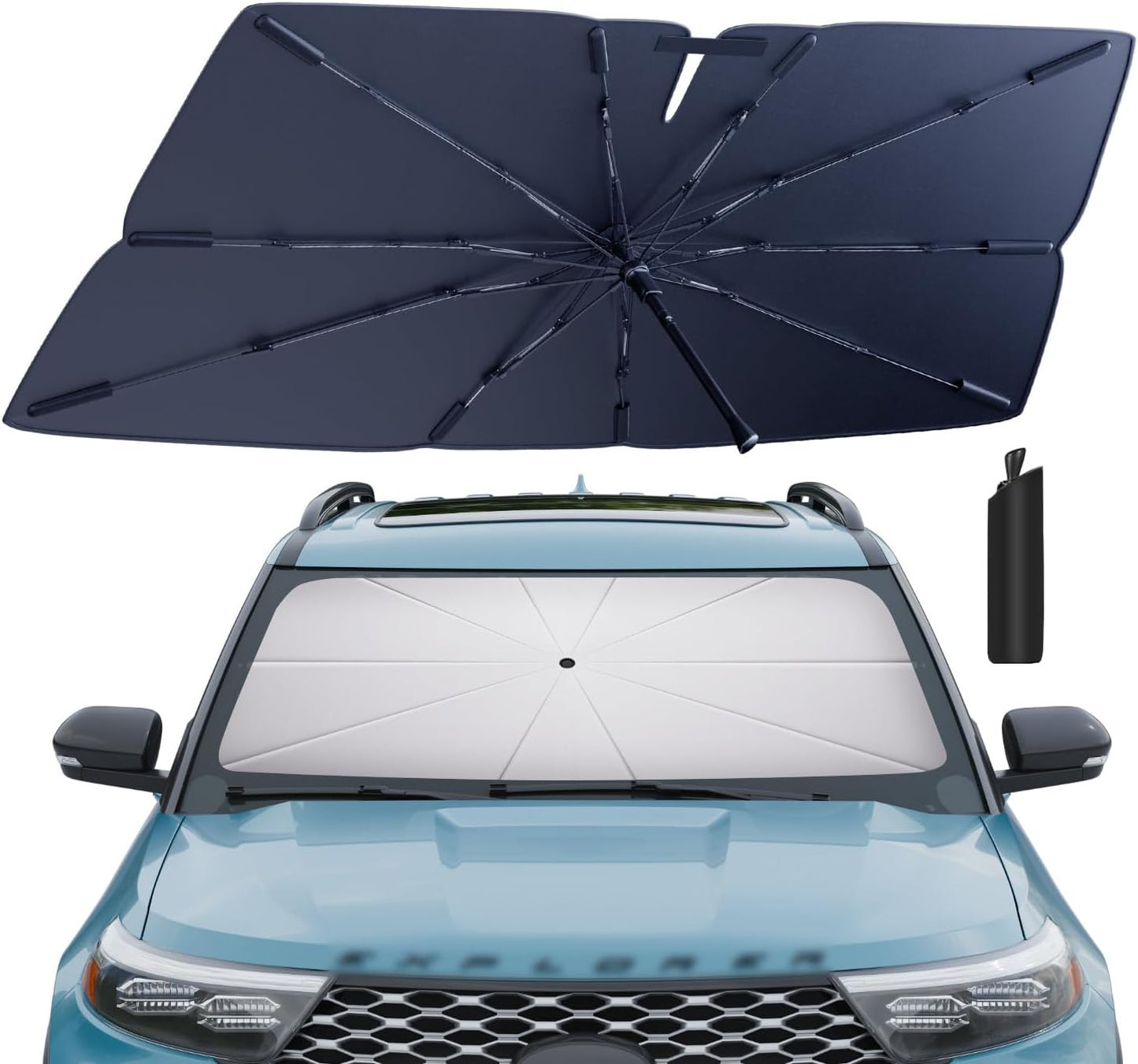 Windshield Sun Shade Umbrella: for Ford Explorer-2020-2024 2025 - Front Custom Car Window Shades for Explorer ST,SUV,XLT,Limited,Platinum,Sport- Foldable Sunshades Block UV Keep Cool